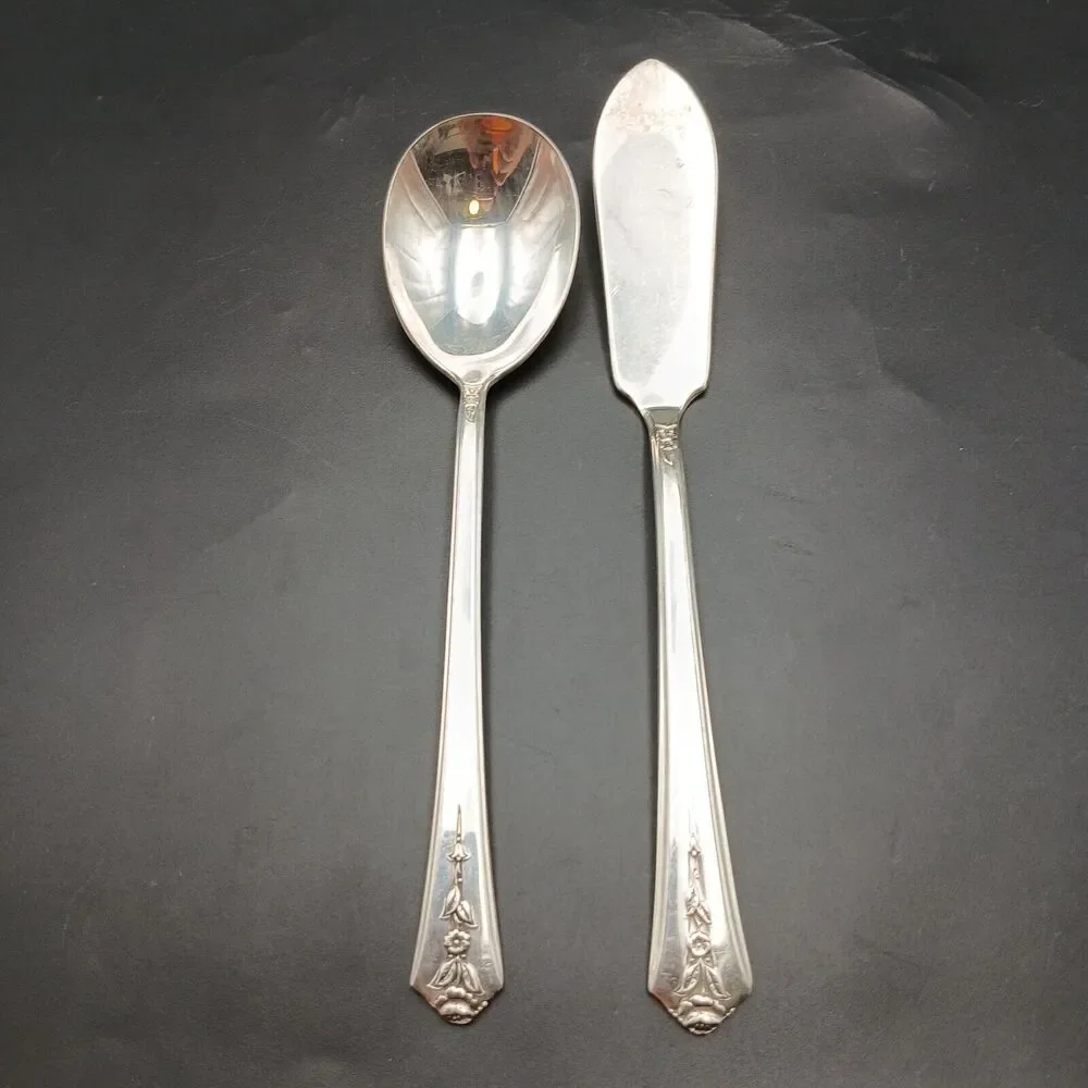 Set 2 Holmes and Edwards SPRING GARDEN Butter Knive And Sugar Spoon Flatware Vtg